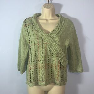 Christopher & banks sweater 3/4 sleeve hand embroidered light green crossover L